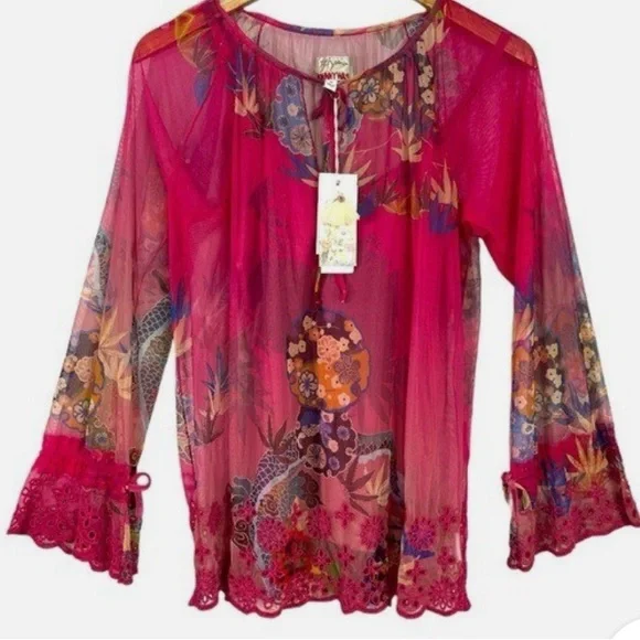 NWT JOHNNY WAS
Mazzy Floral Print Contrast Embroidered Mesh Split Peasant Blouse - Picture 6 of 7